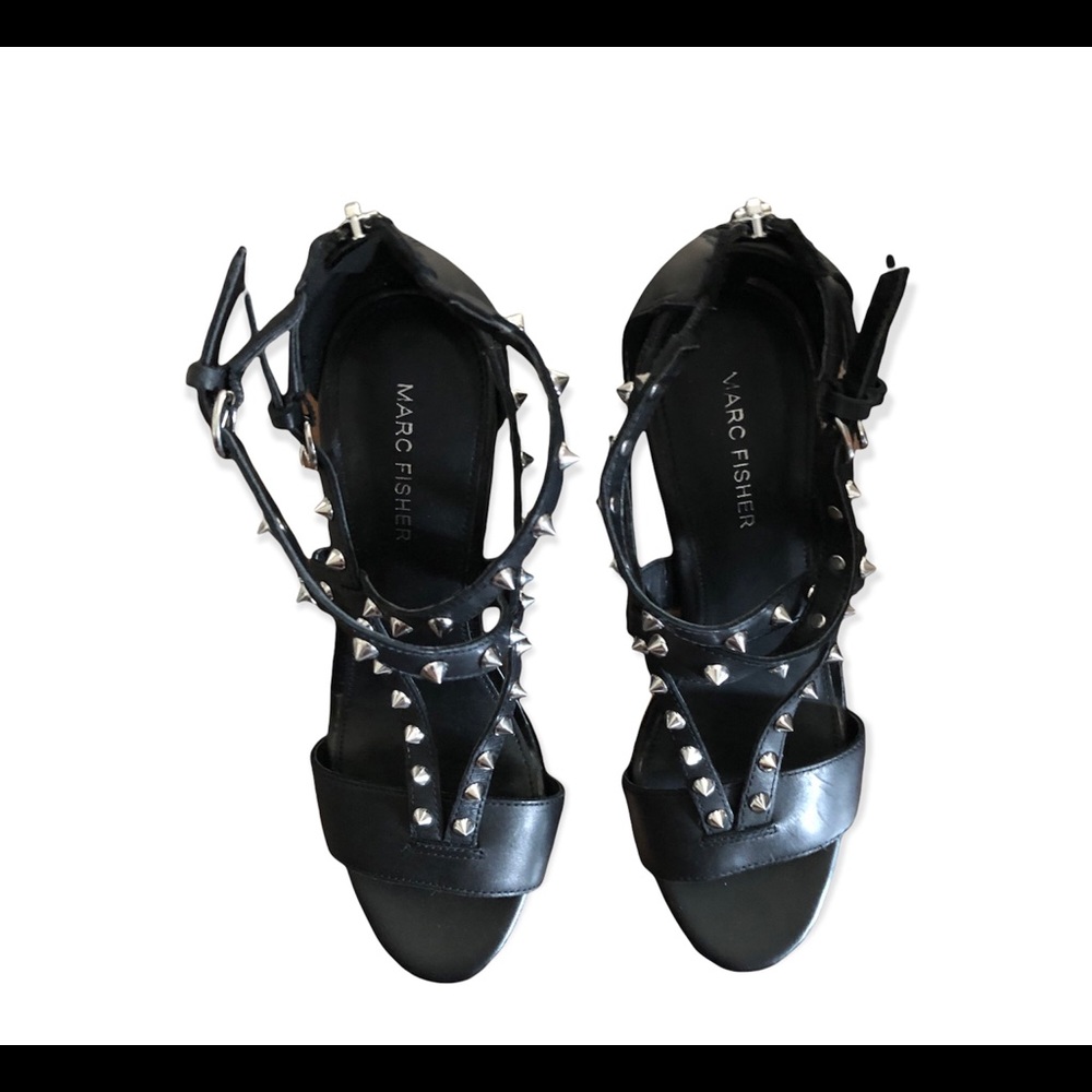 Marc Fisher Women Black Studded Heel Zip Back Platform Espadrille Wedge Shoes 8M